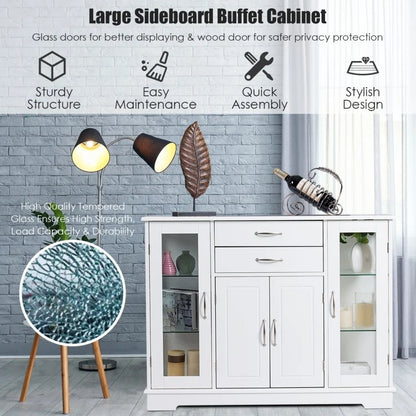 Sideboard Buffet Server Storage Cabinet with 2 Drawers and Glass Doors