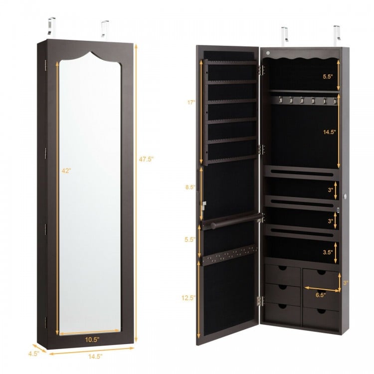 Lockable Wall Mounted Mirror Jewelry Armoire with 5 LEDs and 6 Drawers