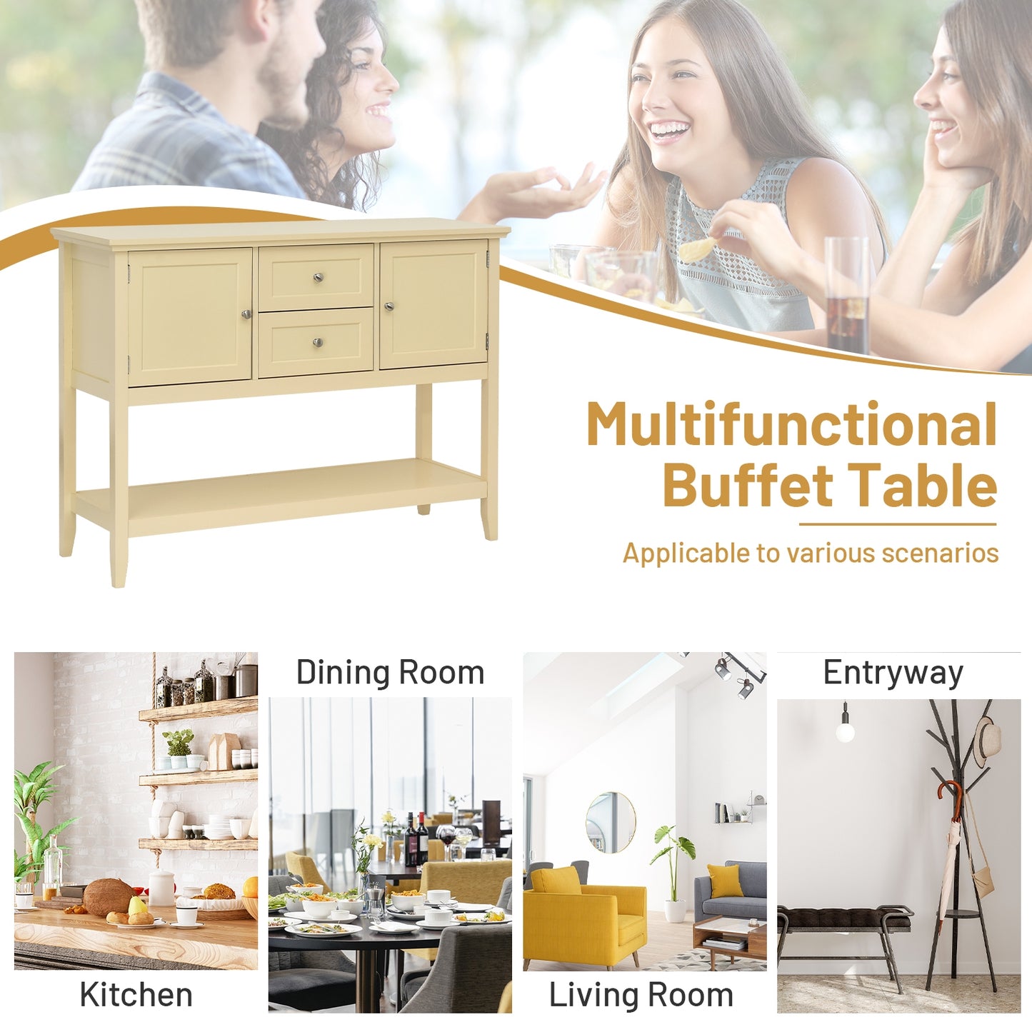 Wooden Sideboard Buffet Console Table  with Drawers and Storage