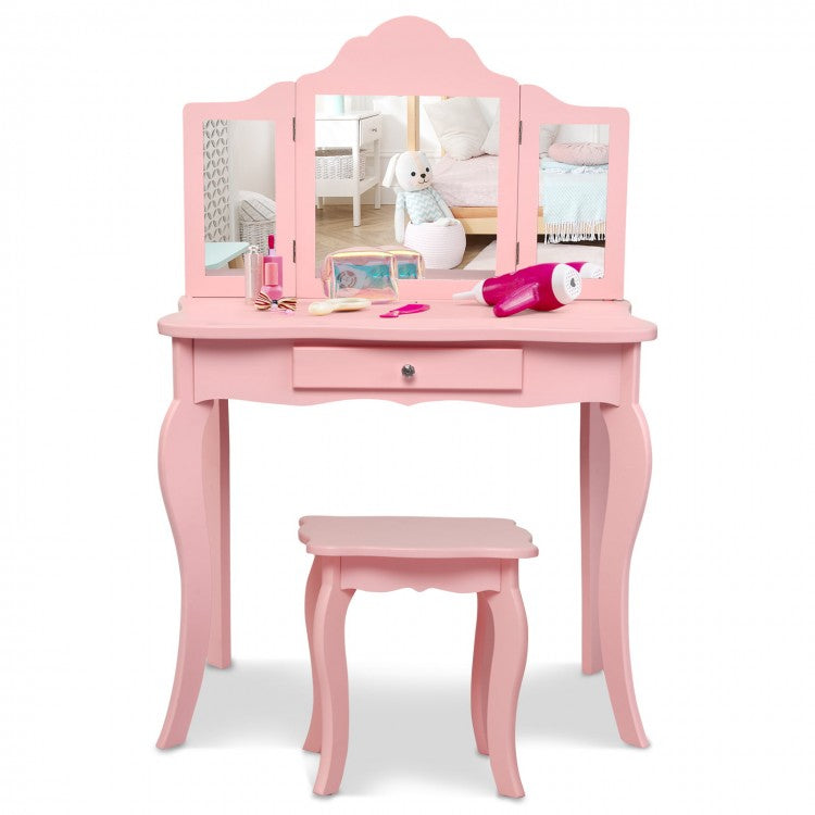 Ensemble de mini-miroir de maquillage, coiffeuse et tabouret