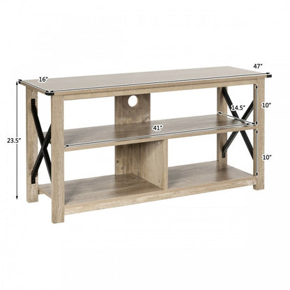 3 Tier Wood TV Stand for 55-Inch with Open Shelves and X-Shaped Frame