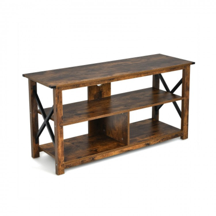 3 Tier Wood TV Stand for 55-Inch with Open Shelves and X-Shaped Frame