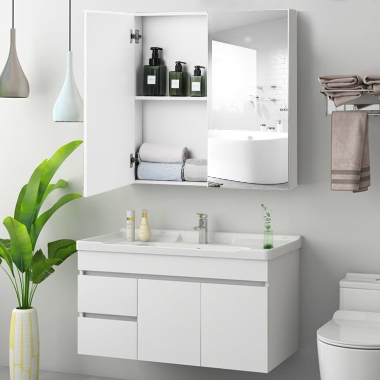 Frameless Bathroom Wall Mounted Mirror Cabinet with 3 Doors and Adjustable Shelves