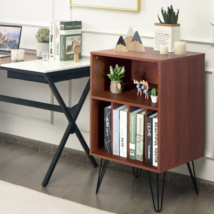 Meuble de rangement pour tourne-disque sur pied avec pieds en métal - Café