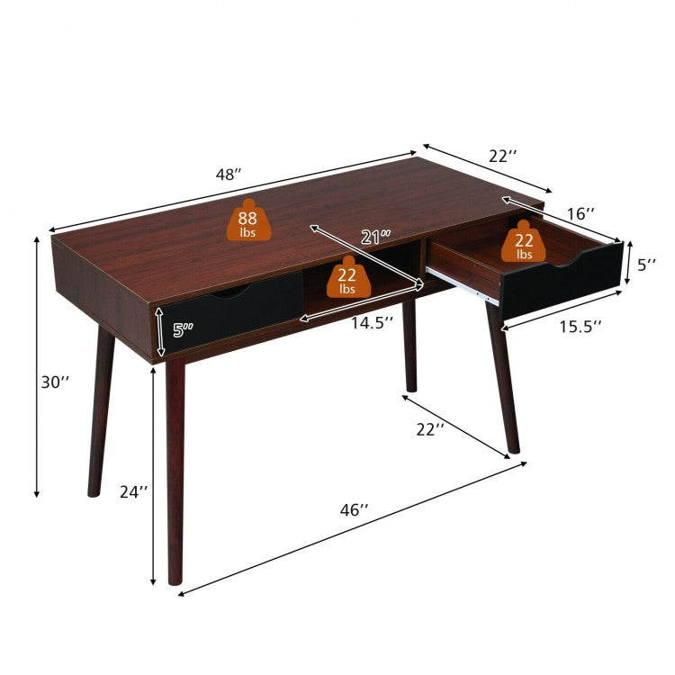 Bureau d'ordinateur en bois du milieu du siècle avec tiroirs de rangement