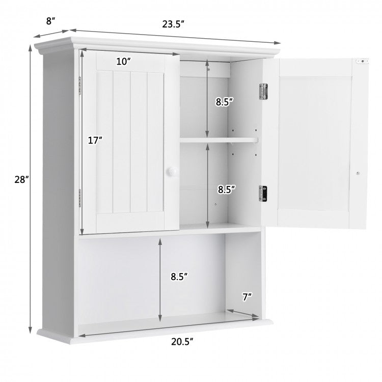 Armoire de rangement murale à 2 portes pour salle de bain avec étagère ouverte - Blanc