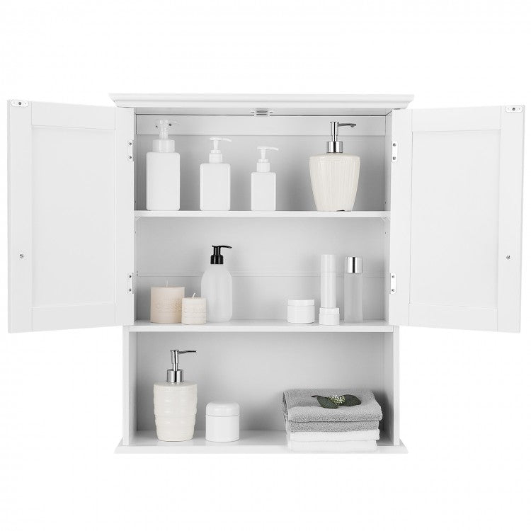 Armoire de rangement murale à 2 portes pour salle de bain avec étagère ouverte - Blanc