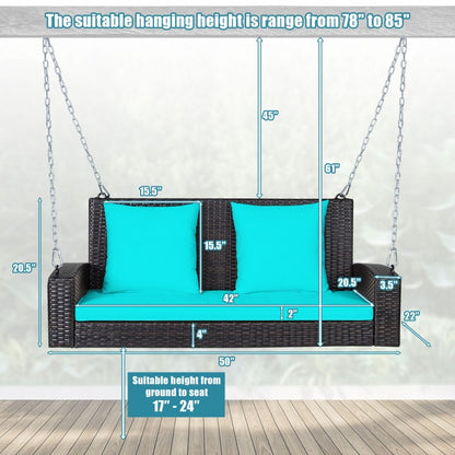 Balancelle de porche en rotin pour 2 personnes avec coussins - Turquoise