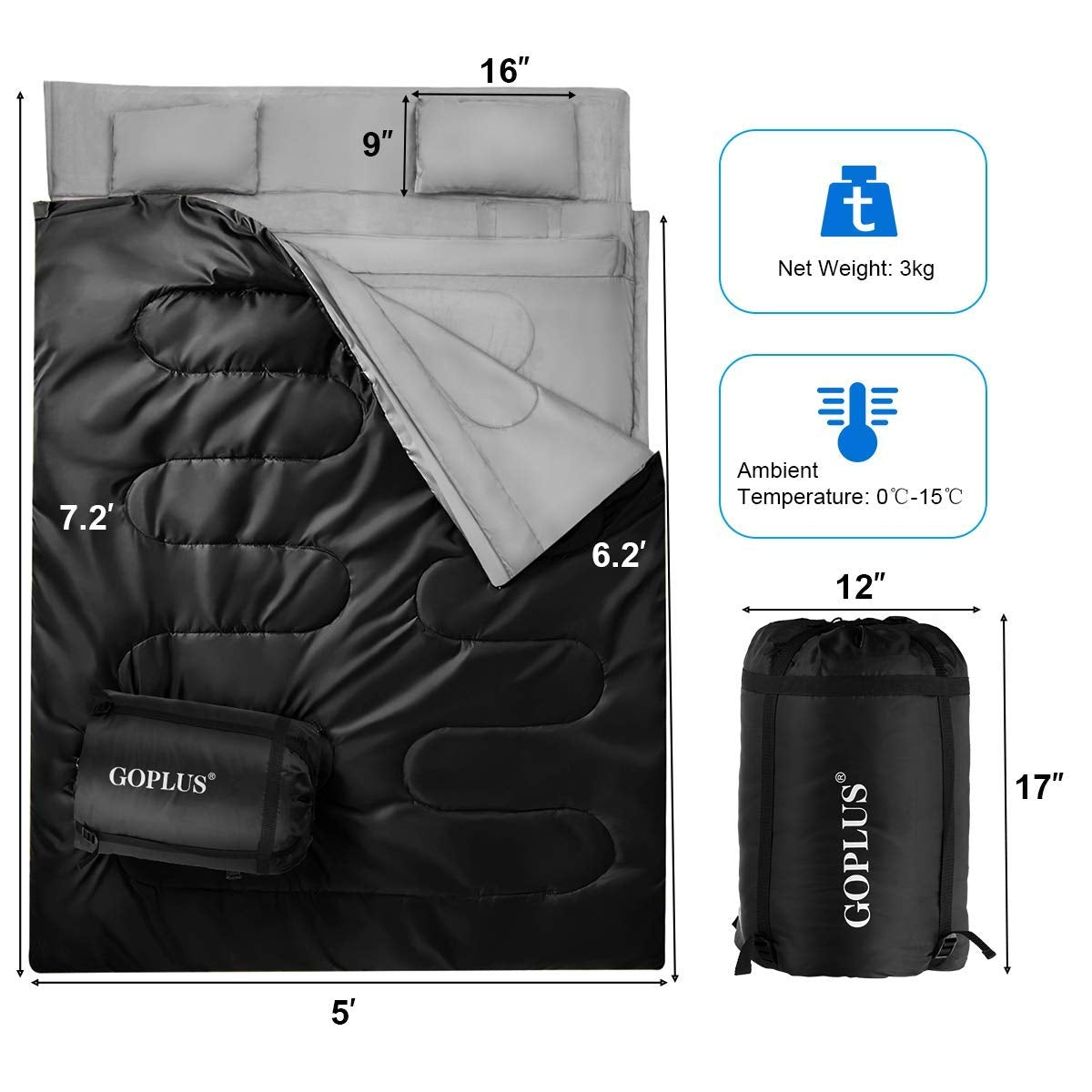 Sac de couchage imperméable pour 2 personnes avec 2 oreillers