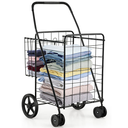 Folding Shopping Cart for Laundry with Swiveling Wheels and Dual Storage Baskets-Black