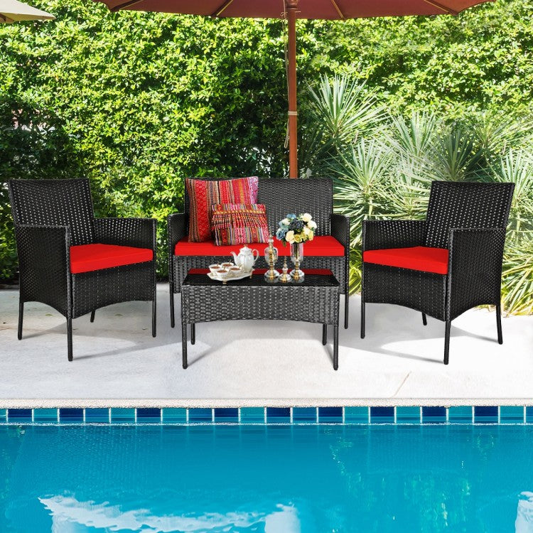 4 Pcs Patio Rattan Cushioned Sofa Furniture Set with Tempered Glass Coffee Table-Red