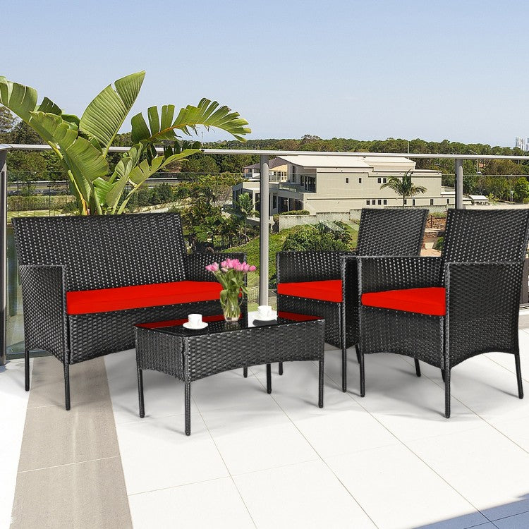 4 Pcs Patio Rattan Cushioned Sofa Furniture Set with Tempered Glass Coffee Table-Red