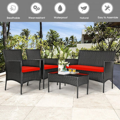 4 Pcs Patio Rattan Cushioned Sofa Furniture Set with Tempered Glass Coffee Table-Red