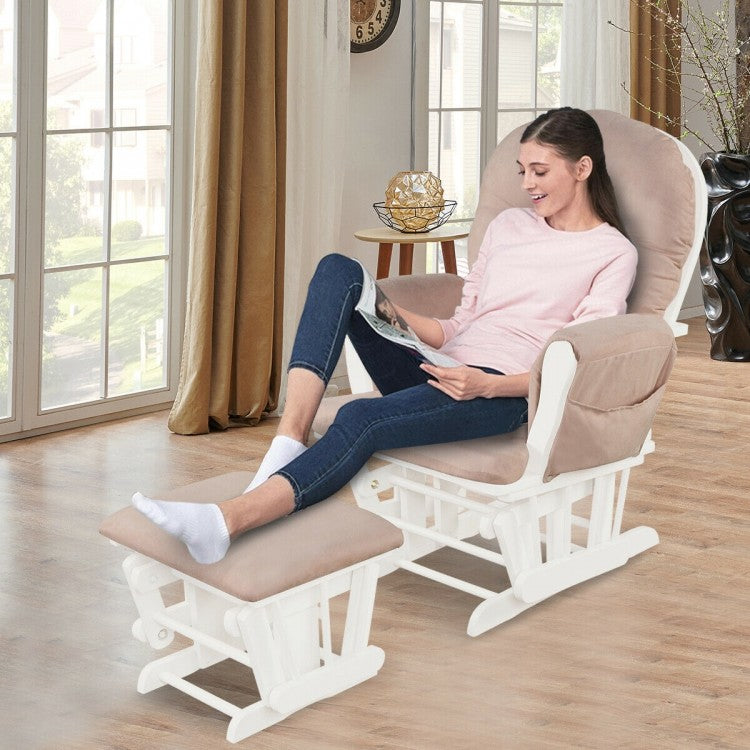 Wood Glider and Ottoman Set with Padded Armrests and Detachable Cushion