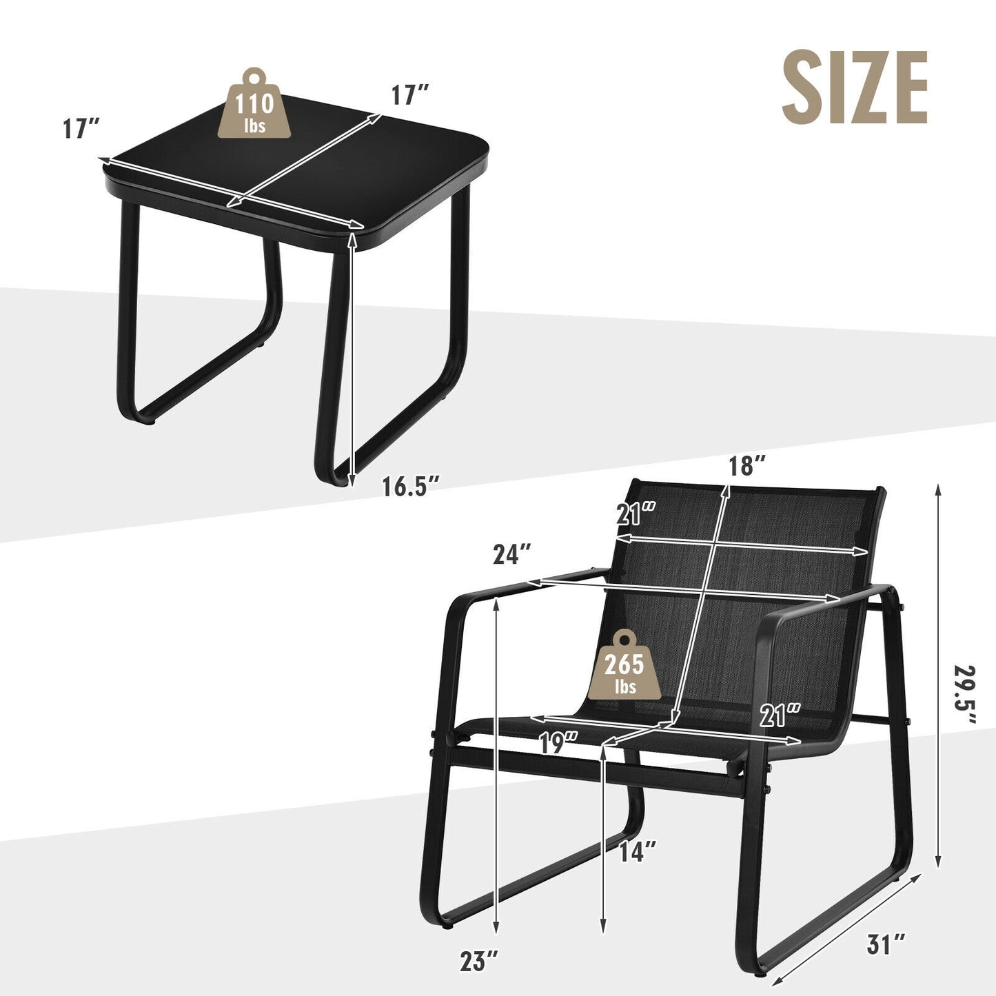 3 Pieces Patio Bistro Furniture Set with Glass Top Table Garden Deck