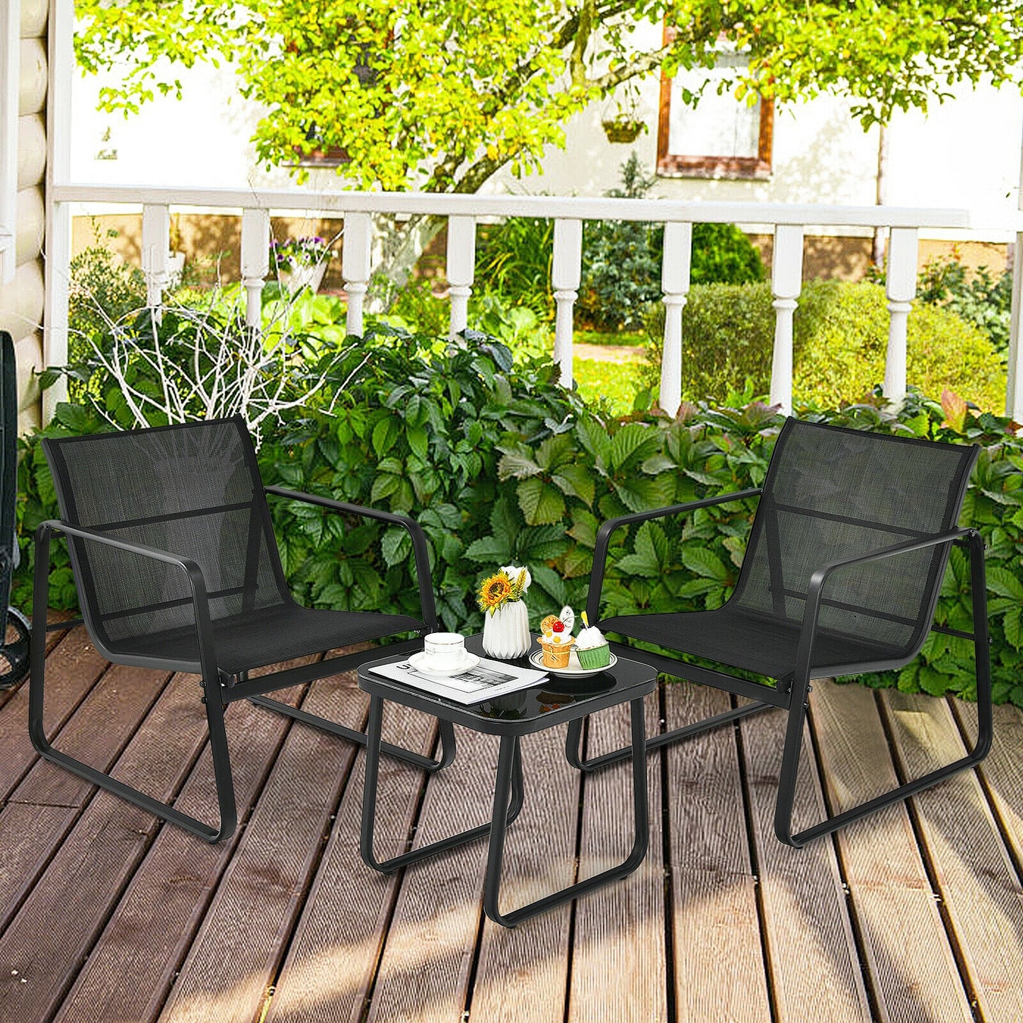 3 Pieces Patio Bistro Furniture Set with Glass Top Table Garden Deck