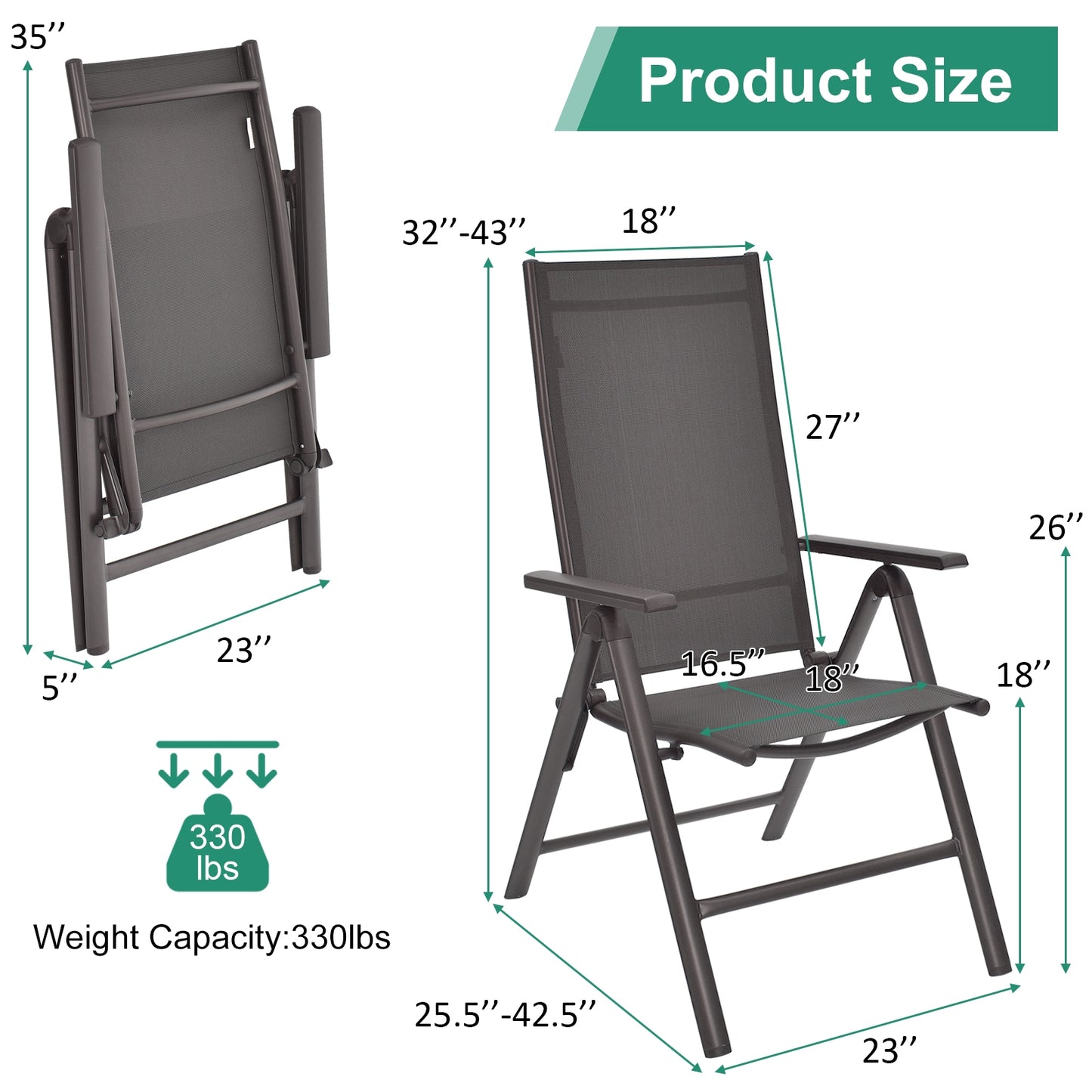 2 Pieces Patio Folding Dining Chairs Aluminium Adjustable Back