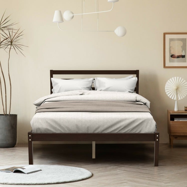 Modern Bed Frame with Wooden Headboard and Plywood Slat Support