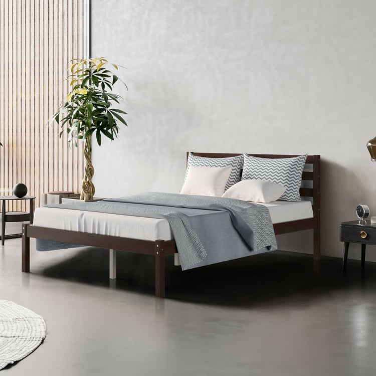 Modern Bed Frame with Wooden Headboard and Plywood Slat Support