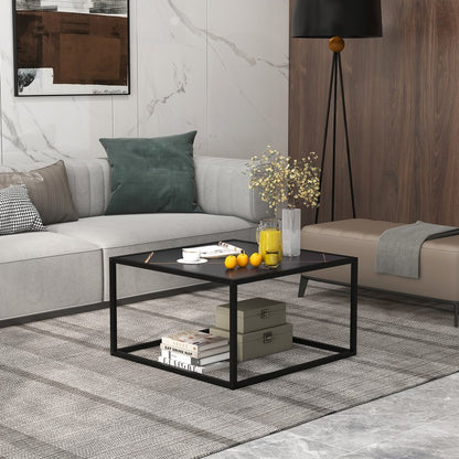 Modern Glass Square Coffee Table with Metal Frame for Living Room-Black