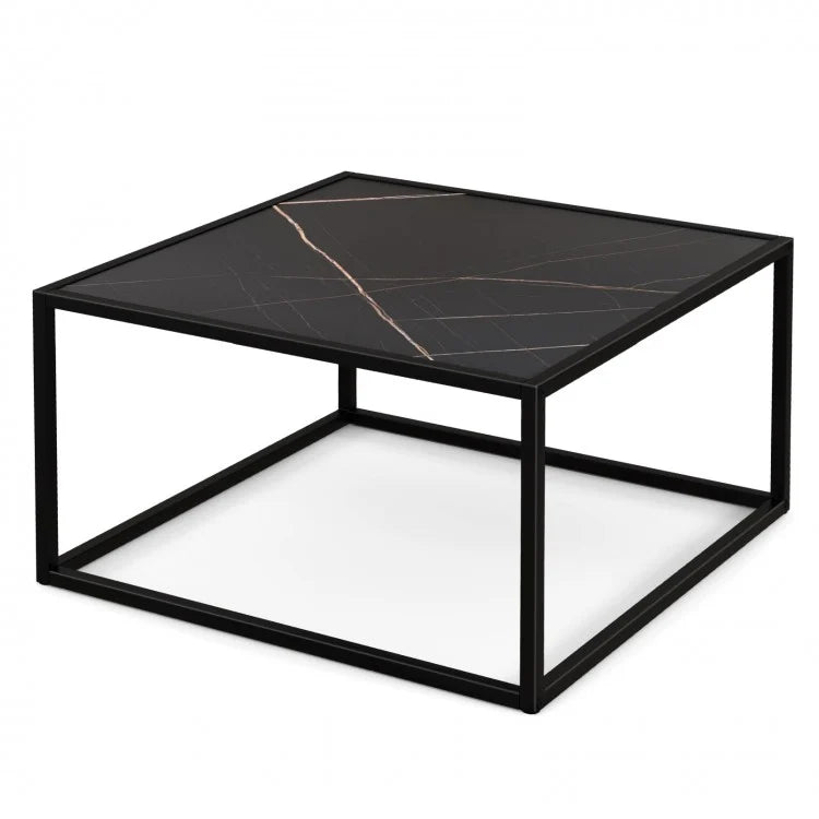 Modern Glass Square Coffee Table with Metal Frame for Living Room-Black