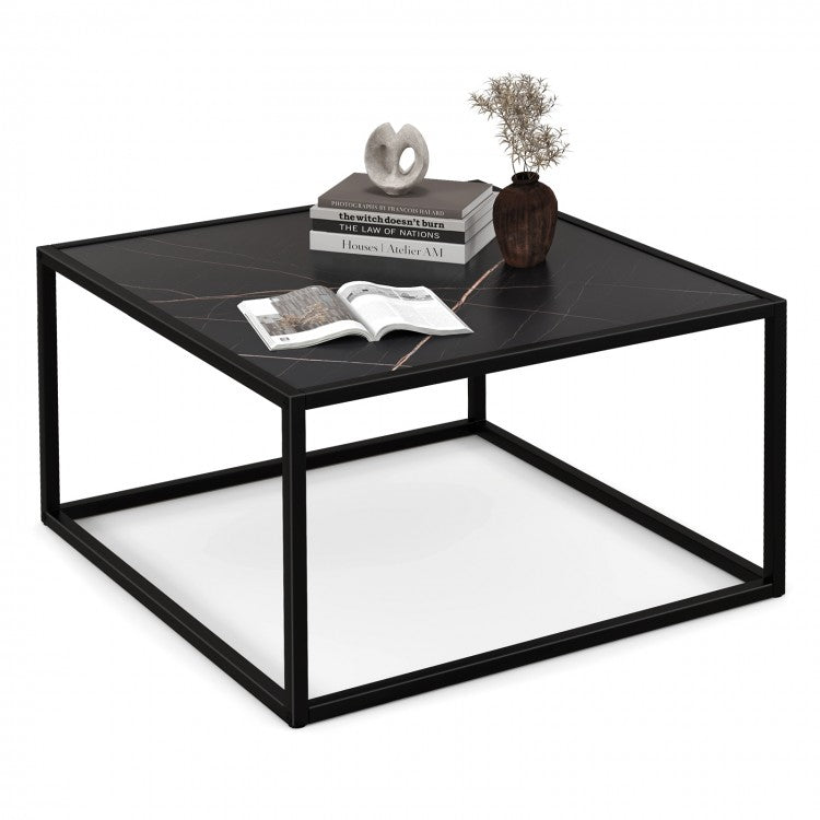 Modern Glass Square Coffee Table with Metal Frame for Living Room-Black