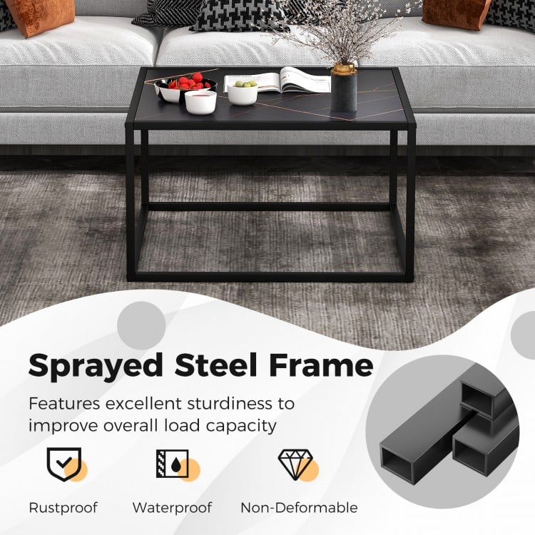 Modern Glass Square Coffee Table with Metal Frame for Living Room-Black