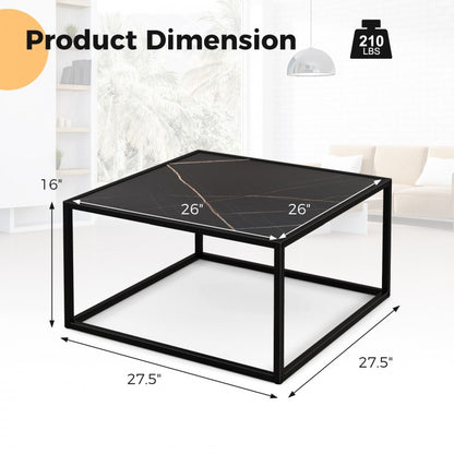 Modern Glass Square Coffee Table with Metal Frame for Living Room-Black