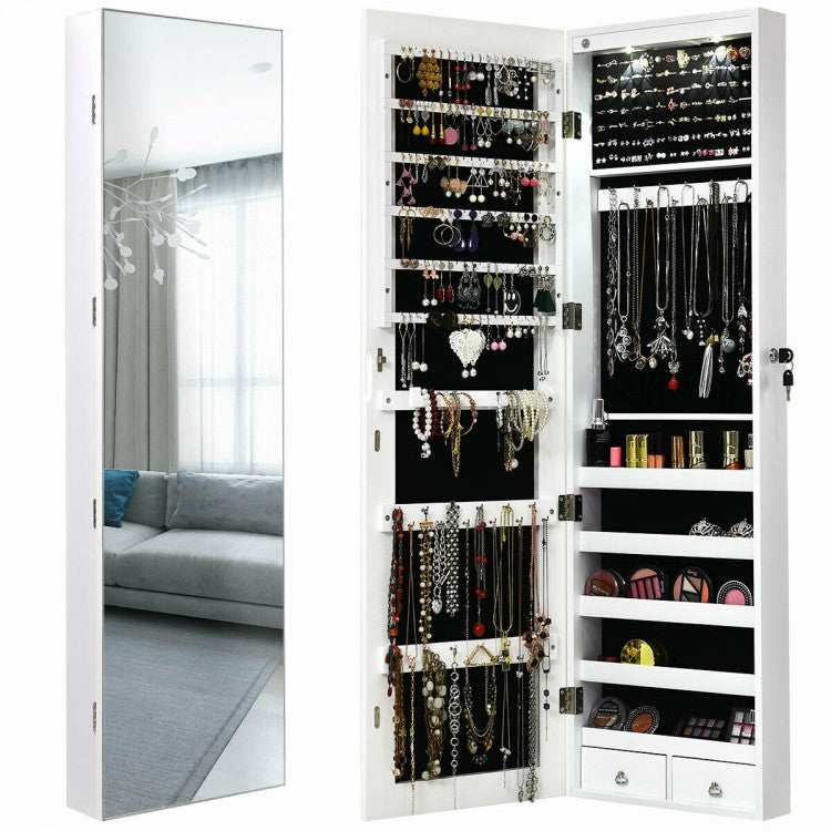 Wall And Door Mounted Mirrored Jewelry Cabinet With Lights