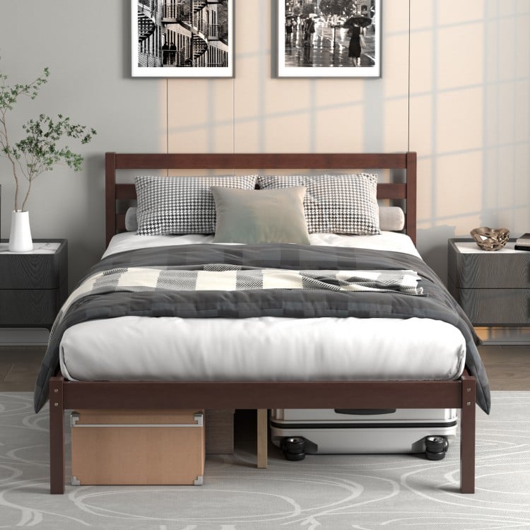 Modern Bed Frame with Wooden Headboard and Plywood Slat Support