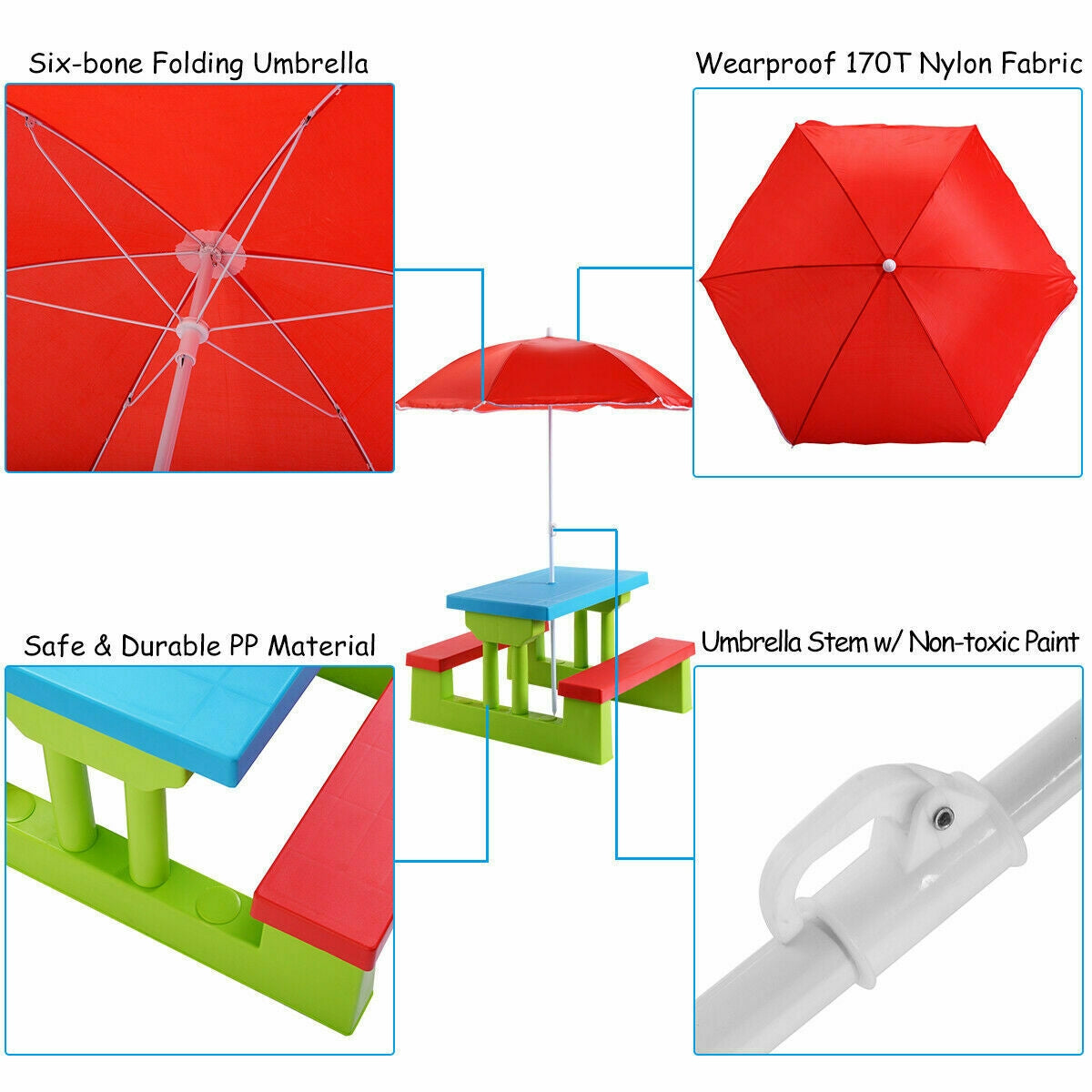 Kids Picnic Folding Table and Bench with Umbrella