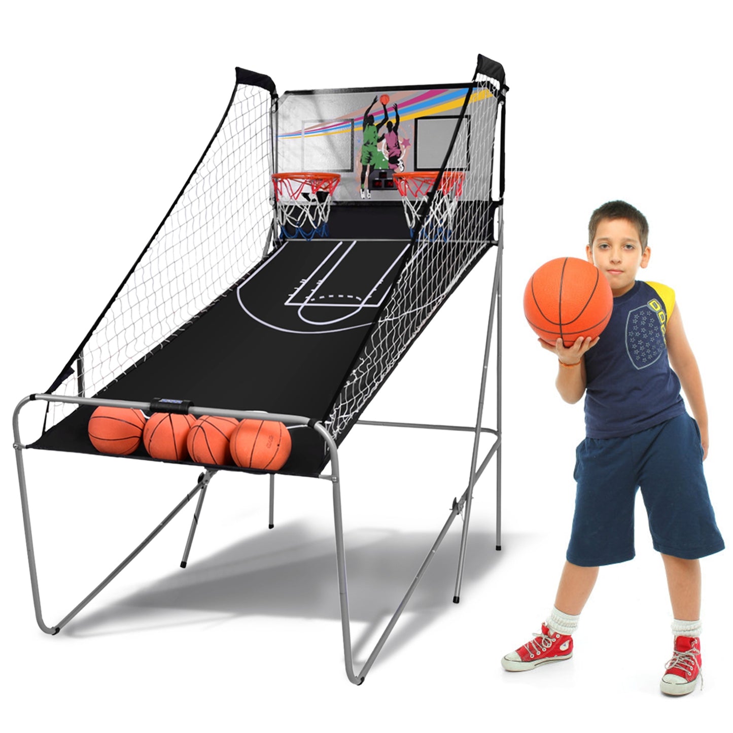 Jeu de basket-ball électronique double d'intérieur avec 4 balles - Gris