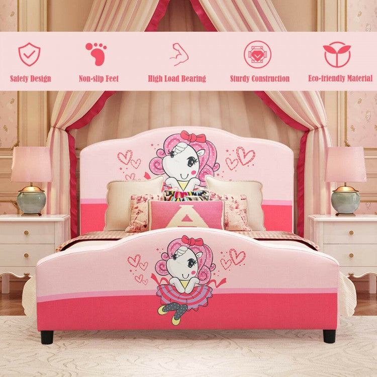 Kids Children Upholstered Platform Toddler Girl Pattern Bed