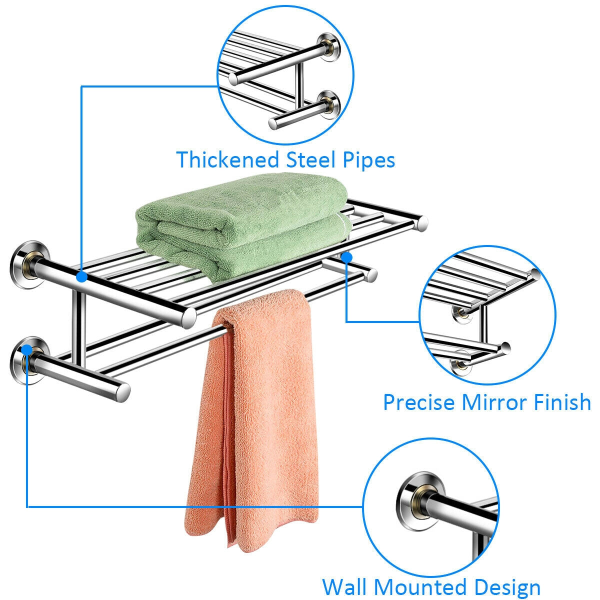 Porte-serviettes mural en acier inoxydable de 24 pouces avec 2 niveaux de rangement