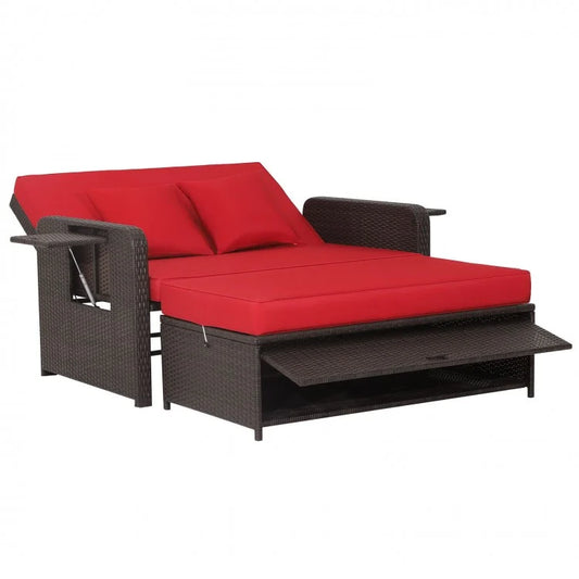 Ensemble de chaises longues en rotin pour patio avec dossier réglable à 4 niveaux et plateau latéral rétractable - Rouge