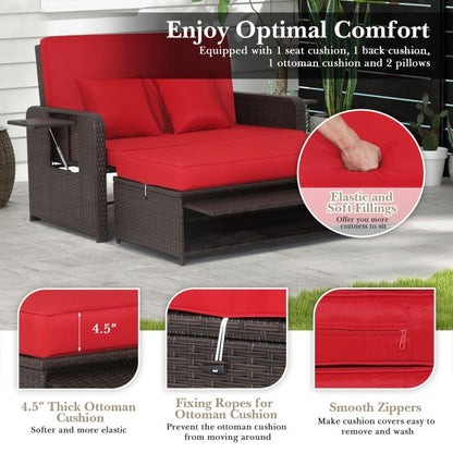 Patio Rattan Lounge Chair Set with 4-Level Adjustable Backrest and Retractable Side Tray-Red