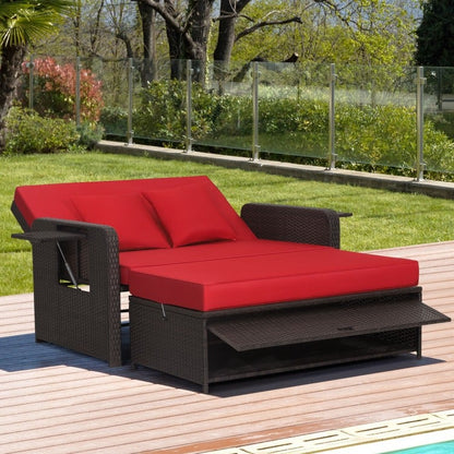 Patio Rattan Lounge Chair Set with 4-Level Adjustable Backrest and Retractable Side Tray-Red