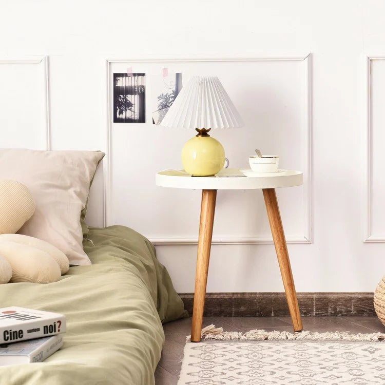 Round Side Sofa Coffee Table with Wooden Tray