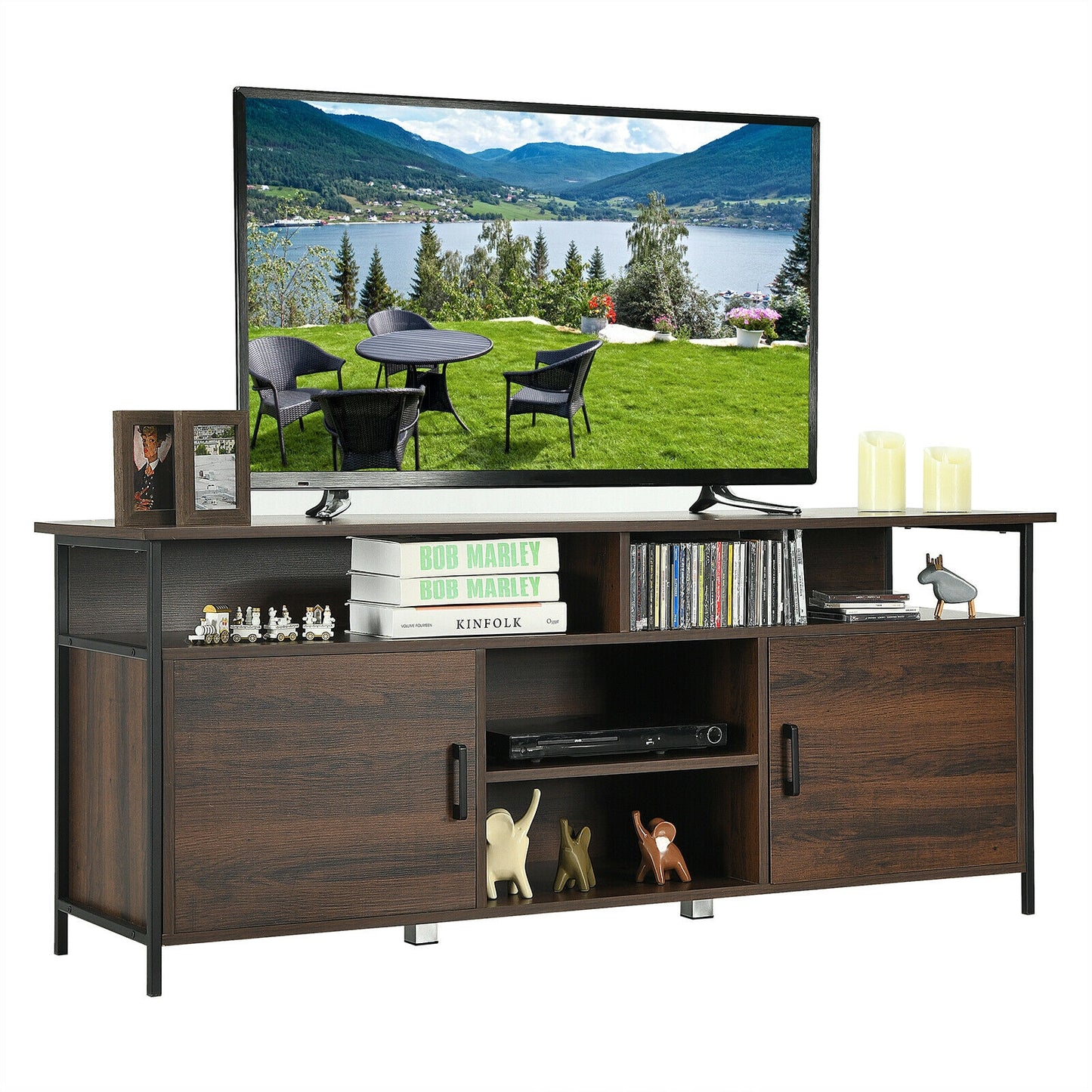 Meuble TV en bois de 58 pouces Console centrale de divertissement multimédia avec armoire de rangement