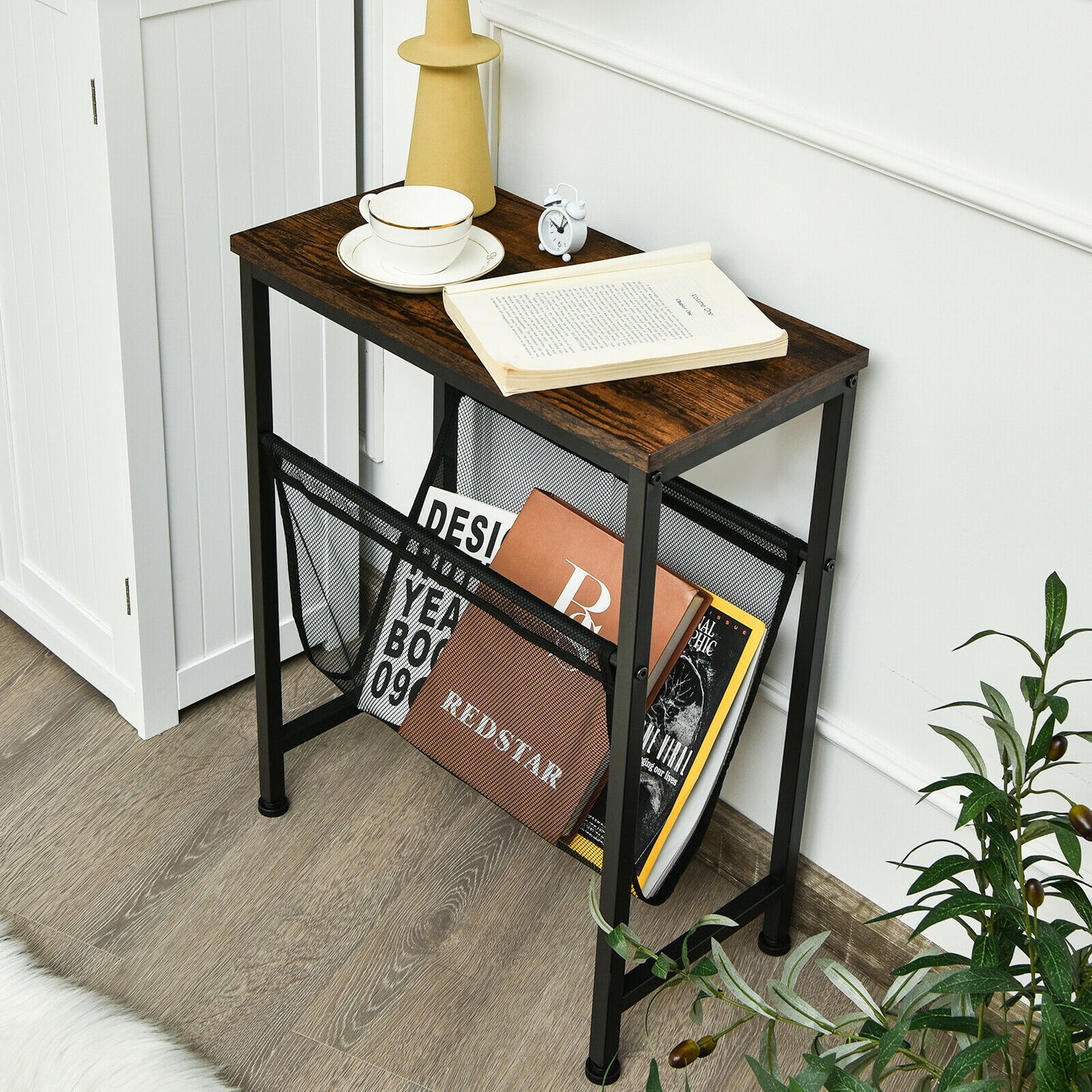 Narrow End Table with Magazine Holder Sling for Small Space