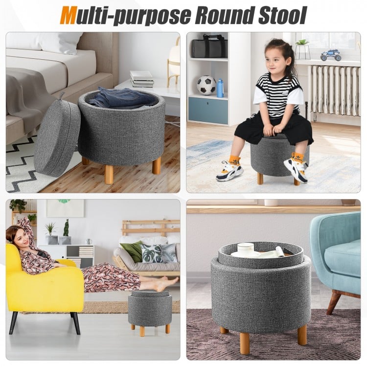 Round Fabric Storage Ottoman with Tray and Non-Slip Pads for Bedroom