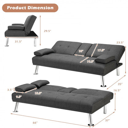 Canapé-lit futon convertible pliable en tissu avec 2 porte-gobelets