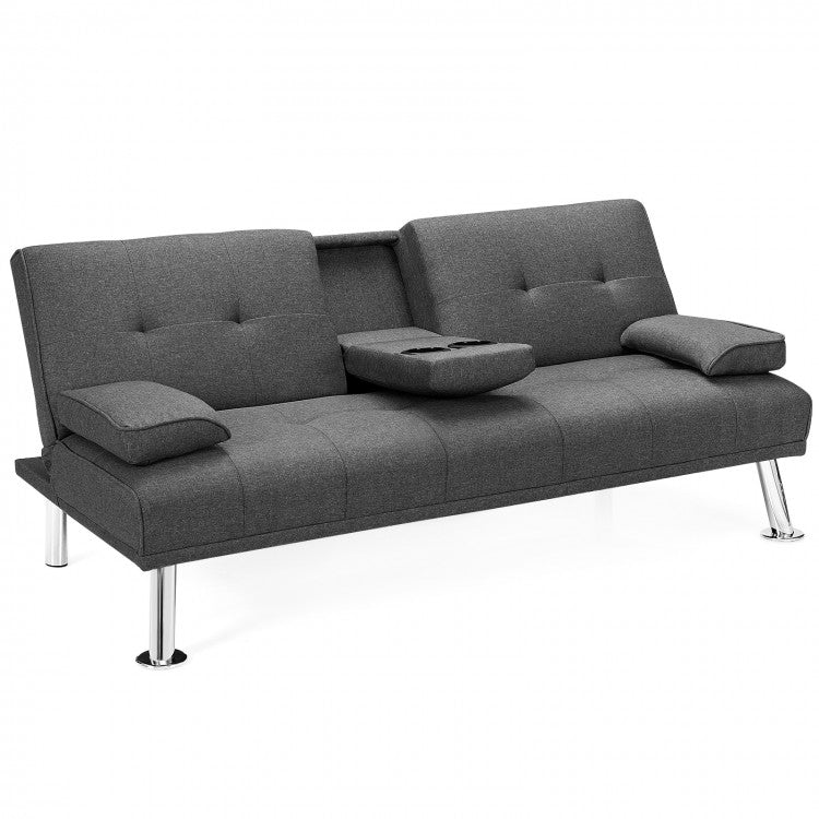 Canapé-lit futon convertible pliable en tissu avec 2 porte-gobelets