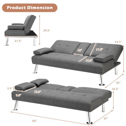 Convertible Folding Futon Sofa Bed Fabric with 2 Cup Holders