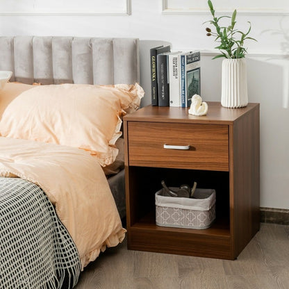 Table de chevet moderne en bois à 2 niveaux avec tiroir de rangement et armoire ouverte