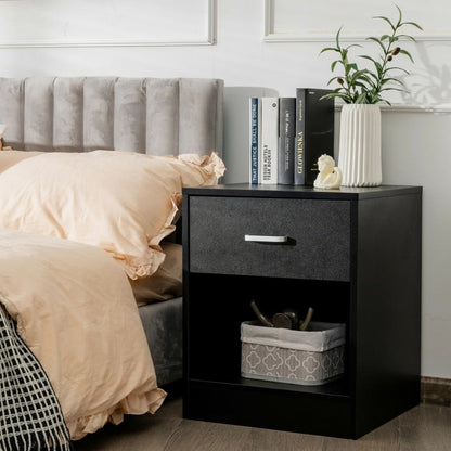 Table de chevet moderne en bois à 2 niveaux avec tiroir de rangement et armoire ouverte