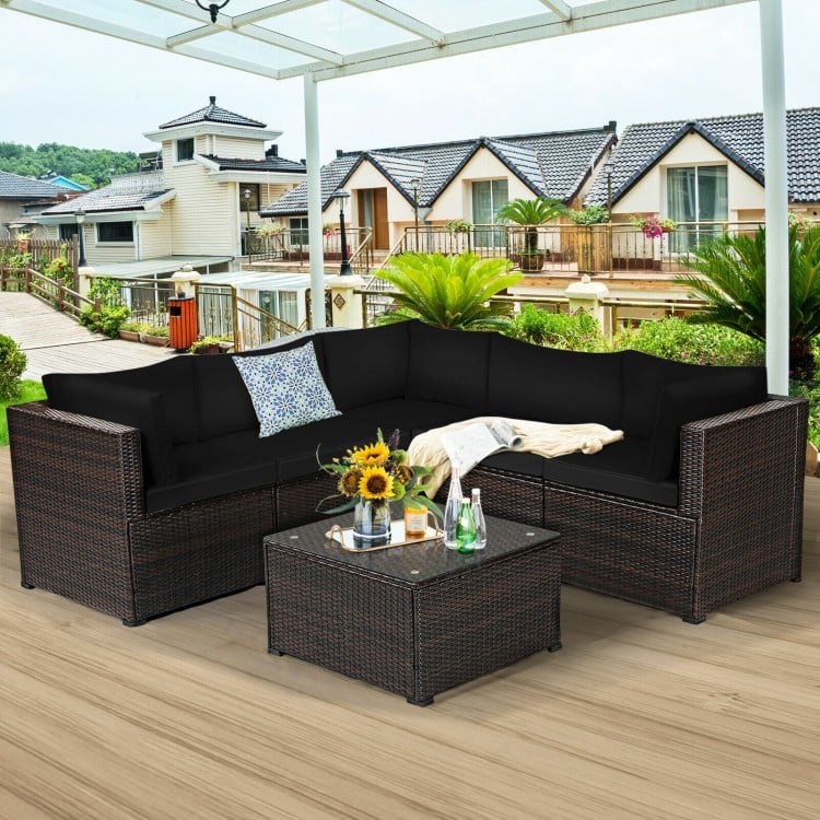 6 Pieces Rattan Patio Sectional Sofa Set with Cushions for 4-5 Person