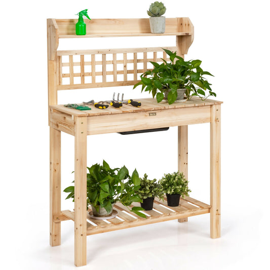 Table de travail de jardin avec banc de rempotage et étagères coulissantes pour évier