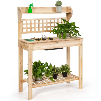 Table de travail de jardin avec banc de rempotage et étagères coulissantes pour évier