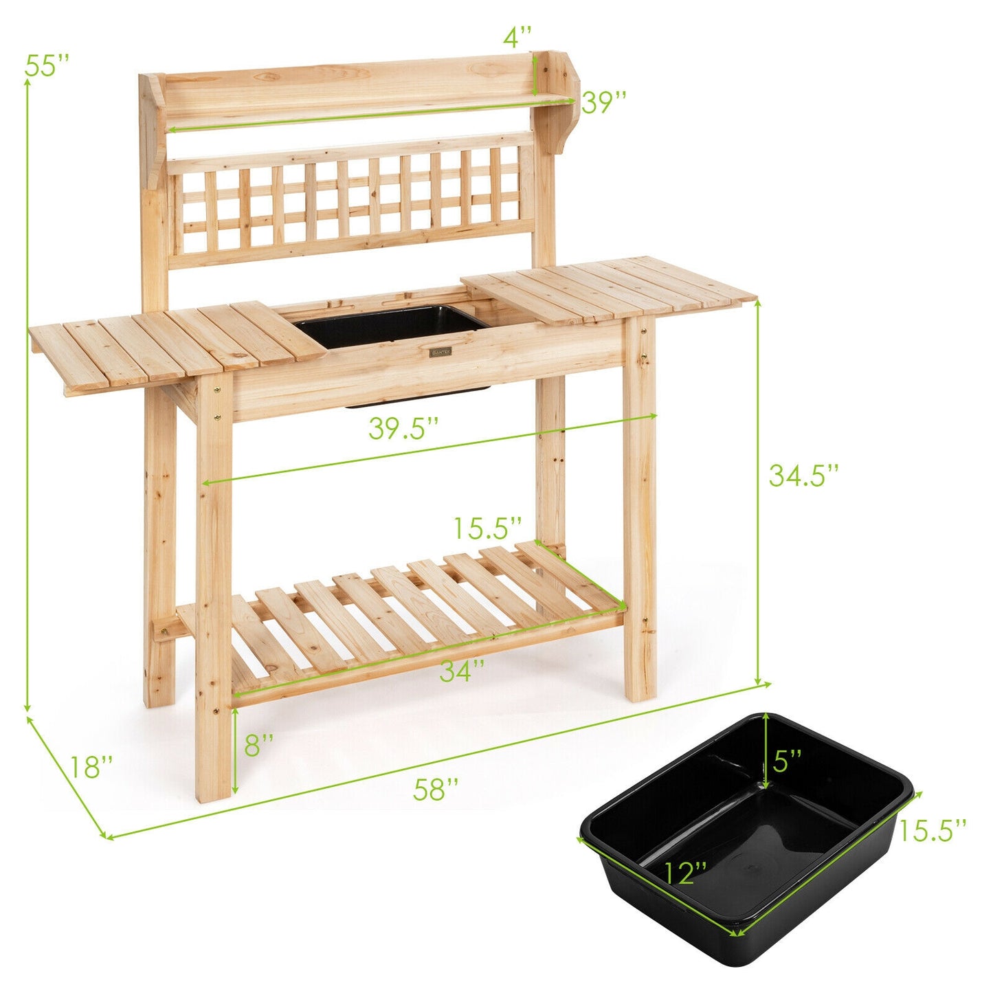 Table de travail de jardin avec banc de rempotage et étagères coulissantes pour évier